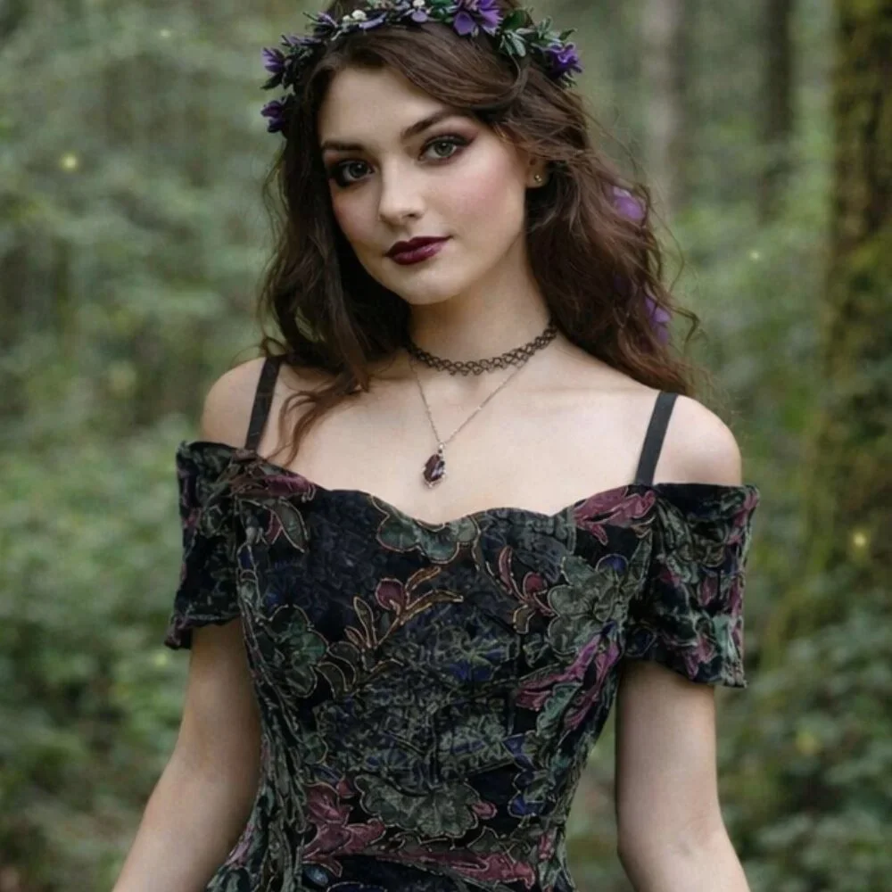 Roberta Vintage 90's Whimsigoth Forest Fairy Crushed Velvet Formal Mini Medium - Picture 11 of 12